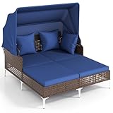 Tangkula Outdoor Rattan Daybed with Retractable Canopy, Boho Patio Wicker Sunbed with Metal Support, Pillows & Cushions, Outdoor Double Chaise Lounge with Shade for Backyard, Poolside, Deck & Balcony