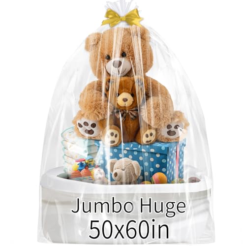 woric 6PCS Jumbo Huge Cellophane Gift Bags 50x60 Inch Extra Large Cellophane Wrap for Bathtub Baby Shower Birthday Mothers Day Graduation Gifts Baskets Stuffers