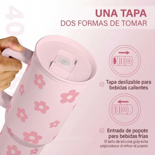 Image of Floral Tumbler with Handle and Straw 40oz Stainless Sleel Slider Tumbler Travel Coffee Mug for Women - Gift Idea for Birthday Christmas