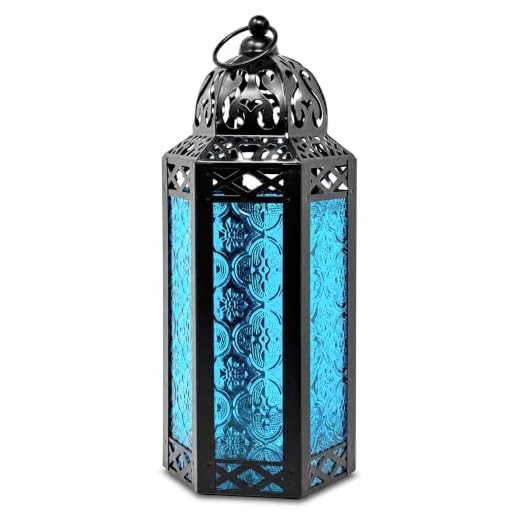 Vela Lanterns Moroccan Lamp Lantern Decorative Candle Holder for Indoor Outdoor Home Decor, Patio, Weddings, Black Metal, Blue Glass, Medium