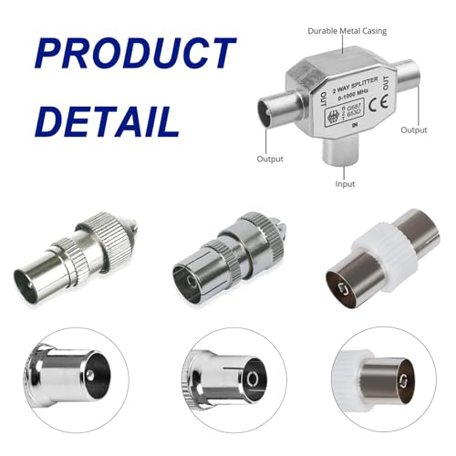 TV Aerial Splitter 2 Way with Male and Female Connectors, TV Ariel Connections, Cable TV Coaxial Splitter, TV Signal Booster - Image 2