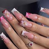 French Tip Press on Nails Long Square Fake Nails Press ons Red Acrylic Nail Flowers With Designs Stick on Nail for Women 24pcs