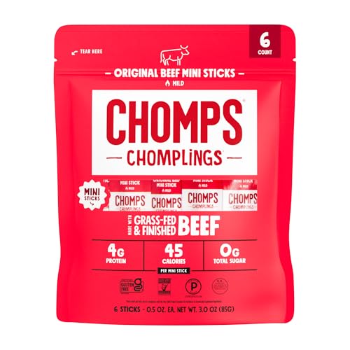 Image of Chomps, Grass Fed Beef Jerky Meat Snack Sticks, Original Beef, 0.5 Ounce, 6 Count
