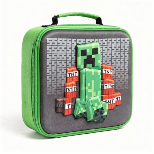 Minecraft Creeper 3D Kids Lunch Bag for School - Durable Insulated Food Bag for Lunch Boxes and Snacks + Handle + Zip for Minecraft Game Fans