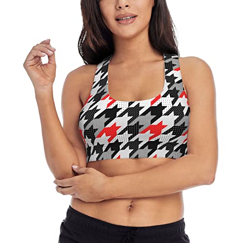Women Black Red White Houndstooth In Patchwork Style Racerback Bras Padded Sports Bra Fitness Workout Running Shirts Yoga Tank Top #TOP2