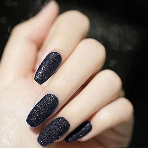 Outyua Shimmer Press on Nails Black Long Ballerina Fake Nails Bling Coffin Acrylic Full Cover Flase Nail Tips for Women and Girls 24pcs