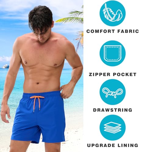 Image of Mens Swim Trunks Compression Liner No Mesh Swimming Trunks Men Swimwear Quick Dry Above Knee Zipper Pocket Swim Shorts