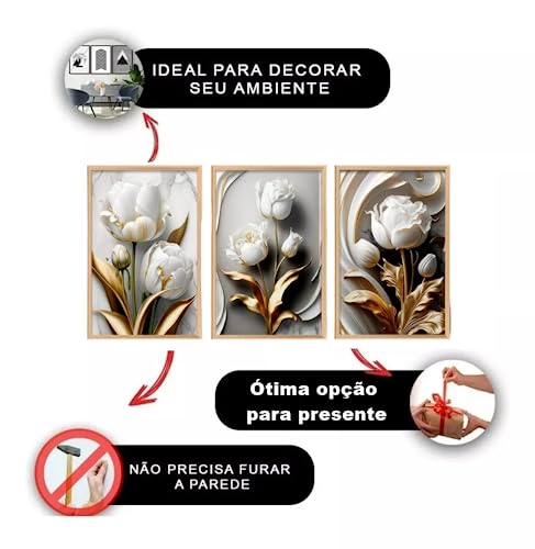 Kit 3 Quadros Flores Flor Tulipas Branca Dourada Ouro Amor