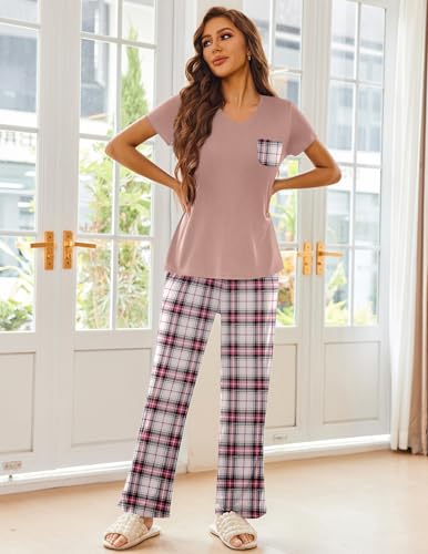 Image of Ekouaer Pajama Sets for Women 2 Piece Short Sleeve Pj V Neck Chest Pocket | Ladies Pajama Sets with Printed Long Pants, Soft Matching Pj Sleepwear, Casual Loose Fall Loungewear, S-XXL