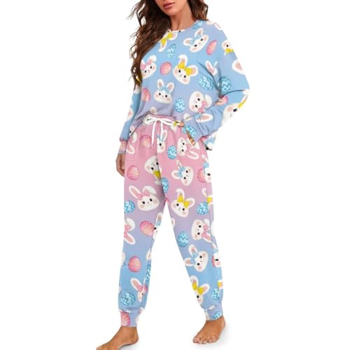 Image of Womens Lounge Set Long Sleeve Soft Pajama Sets Casual 2 Piece Pj Outfit Crewneck Sleepwear with Pockets Plus Size
