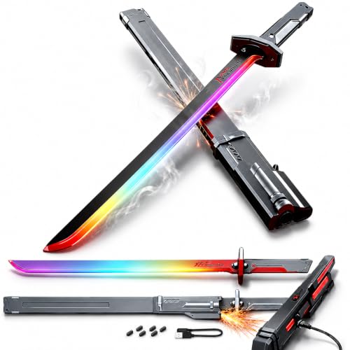 Image of Tinsley Cyberpunk LED Spark Katana Sword with Sound & Fog, Type-C Rechargeable, 7-Color Light Up Glowing Neon Blade, Hit Sensor Katana Toy for Kids & Adults, Cosplay