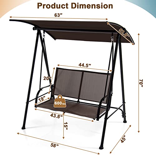 Image of Tangkula 2 Person Porch Swing, Patio Swing with Adjustable Canopy, Comfortable Fabric Seat & Heavy-Duty Steel Frame, Outdoor Canopy Swing for Patio, Garden, Poolside (Dark Brown)
