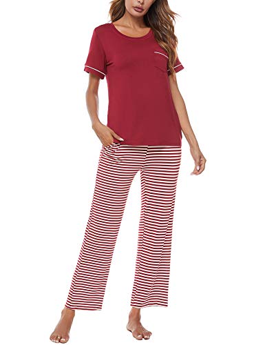 FINWANLO Pajamas Set for Women Pjs Short Sleeve Cotton Top & Long Pants Striped Nightwear Wine Red L