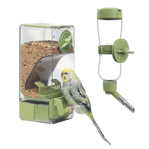 Juego de Bebedero y Comedero para Pájaros, Alimentador Automático con Percha para Jaula para Periquitos, Canarios, Ninfas, Pinzones y Budgerigars (Verde)