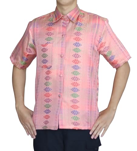RaanPahMuang Short Sleeve Northern Thai Silk Weave Mens Shirt European Collar, XX-Large, Bright Pink