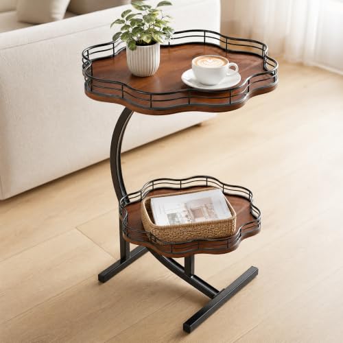 Farmhouse End Table with Storage, 2-Tier Oak Wood Small Side Table, Walnut