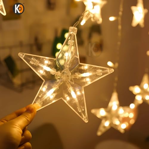 Image of K D 6+6 Star Warm Yellow 138 LEDs Curtain LED String Lights (3.5 ft Length + 0.5 FT Length After Adopter = 4ft) with 8 Modes Indoor Outdoor for Home, Diwali, Christmas (Star Warm Yellow 6+6)
