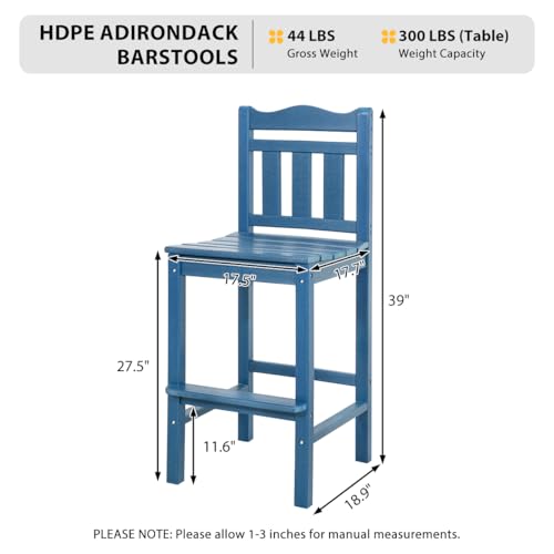 Sundale Outdoor 3-Piece Adirondack Bar Set, Patio Counter Height Adirondack Tall Chairs Set of 2 and Round Side Table, High Top HDPE Stools and Pub Bistro Dining Furniture for 2, Navy Blue - Thumbnail 2