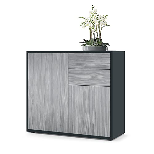 Vladon Buffet Ben, Commode avec 2 Portes et 2 tiroirs, Noir Mat/Avola-Anthracite (79 x 74 x 36 cm)