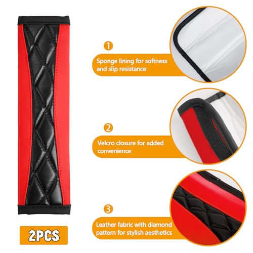 2PCS Car Seat Belt Cover Pad,Soft Leather Seatbelt Covers for Car,Seatbelt Shoulder Strap Protector,Vehicle Shoulder Pad Cushions,Universal Auto Safe Belt Harness Cushion Pad for Kids Adults (Red)