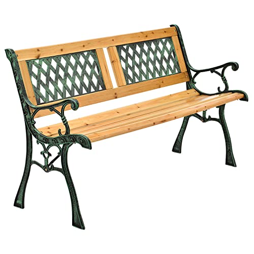 Juskys Banc de Jardin - Banc en Bois 2 Places avec accoudoirs & Dossier - Banc résistant aux intempéries 122x54x73 cm - éléments latéraux en Fonte- Naturel, Modèle San Remo