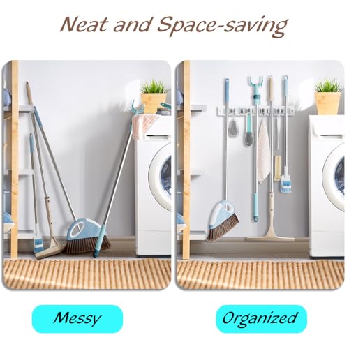 OUTNILI-Mop-and-Broom-Holder-Wall-Mount-White-Broom-Mop-Hanger-Wall-Mounted-Garden-Tool-Rack-Organizer-for-Closet-Garage-Laundry-Room-Kitchen-Decor-With-5-Slots-4-Hooks
