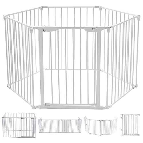 COSTWAY Cancelletto Pieghevole in Ferro per Camino e Scale, Cancello con 6 Pannelli per Bambini, Cani e Gatti, Barriera Protettiva da Interno ed Esterno, 2 Colori Disponibili, 380 x 74,5cm (Bianco)