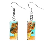 KaFu Rectangle Van Gogh Painting Starry Sky Sunflower Drop Dangle Earrings Abstract Art Trendy Glass Earrings for Women Charm Jewelry (sunflower)
