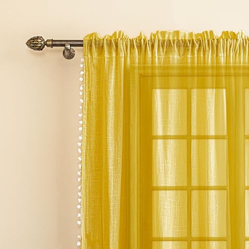 Image of HOMEMONDE Sheer 10 Feet Curtains with Decorative Side Border Pompom Curtain for Long Door, Linen Textured Light Filtering, Rod Pocket, 1 Piece - (304 CM, Mustard)