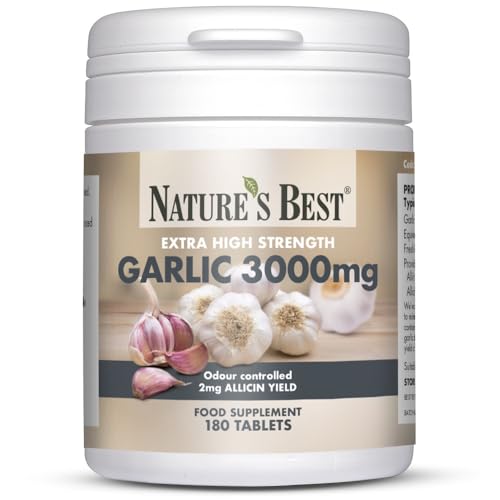 Nature's Best Garlic Tablets 3000mg - High Strength & Rich in Allicin - Taste Controlled & Odthisless - Equivalent to 3000mg of Fresh Garlic - UK Made - 180 Tablets (6 Months' Supply)