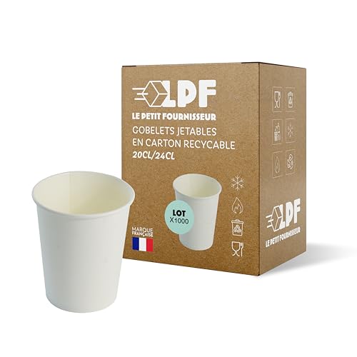 LPF LE PETIT FOURNISSEUR - Lot de 1000 Gobelets jetables en Carton Kraft 20-24cl - Recyclable - Gobelets café, thé, boissons chaudes et froides - Résistant à la chaleur - Couleur Blanc