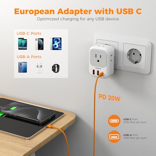Image of TESSAN European Travel Plug Adapter Type C | 4 Outlets and 3 USB (1 USB C PD 20W), International Foldable Plug, For EU Spain France Italy Germany Portugal Iceland