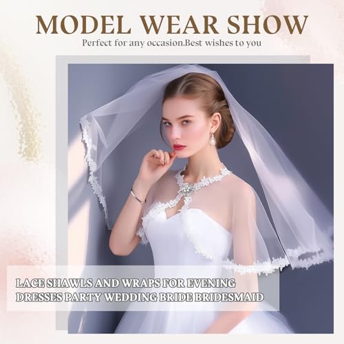 White Lace Shawl Wraps For Women Formal, Bolero Shrugs Shoulder Cover For Evening Dresses Formal, Wedding Bridal Cape Lace Cover Up Chiffon Scarf4