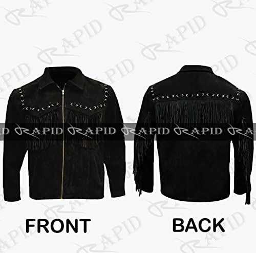 Men's Western Cowboy Leather Jacket Suede and Fringe Zipper Closure -Black4