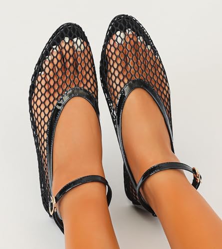 Mesh Ballet Flats for Women Round Toe Ankle Strap Mary Jane Flats Fishnet Ballerina Shoes Casual Womens Summer Shoes3