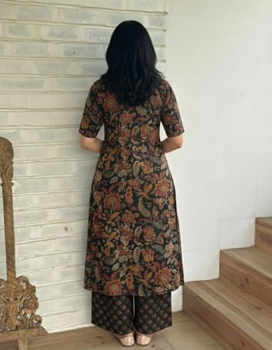 Image of ANNI Designer Women's Rayon Viscose Straight Printed Kurta with Palazzo | Elbow Length Sleeve Kurti Set | Close Neck with Back Slit | Soft Comfortable Fabric | 2 Piece Outfit