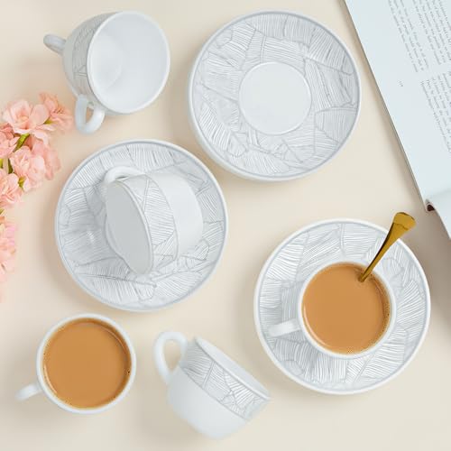 Image of Larah by BOROSIL 140ml Opalware Ivy Tea /Coffee 6pc Cup & 6pc Saucer Set, Microwave & Dishwasher Safe Embossed Design Crockery Set Ideal for Daily Use & Gifting