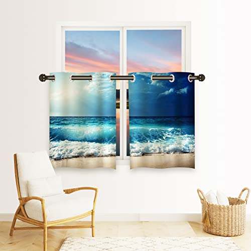 Anhope Beach Curtains, Ocean Tropical Summer Hawaiian Blue Sea Waves Scenery Print Pattern Waterproof Grommet Window Drapes For Bedroom Kitchen Bathroom Window Small Closet Cafe 2 Panels W27.5 X L39 #TOP1