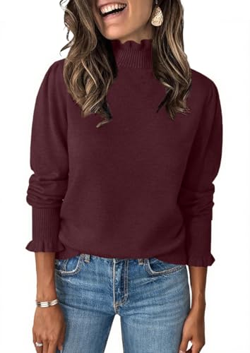 Image of Womens Ruffle Mock Neck Sweater Puff Long Sleeve Fall Trendy Pullover Tops | Fall Winter Clothes, Soft, Business Casual Outfits, Trendy Fashion, Knitted Shirts