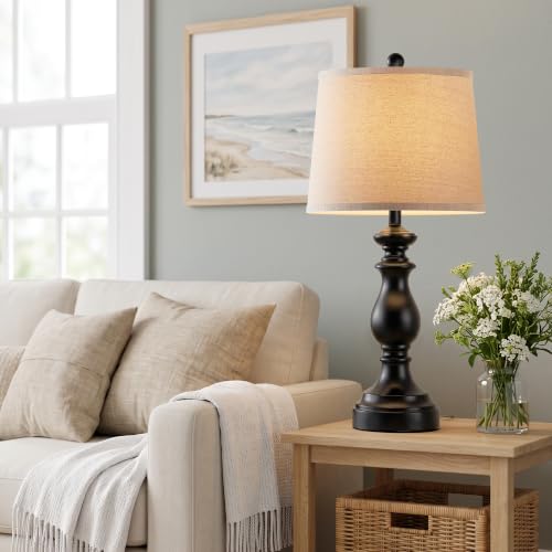 Image of PARTPHONER Traditional Table Lamp Set of 2, Rustic Farmhouse Table Lamps for Living Room Bedroom, 27 inch Bedside Desk Lamps Vintage Nightstand Lamps with Linen Shades, Matte Black