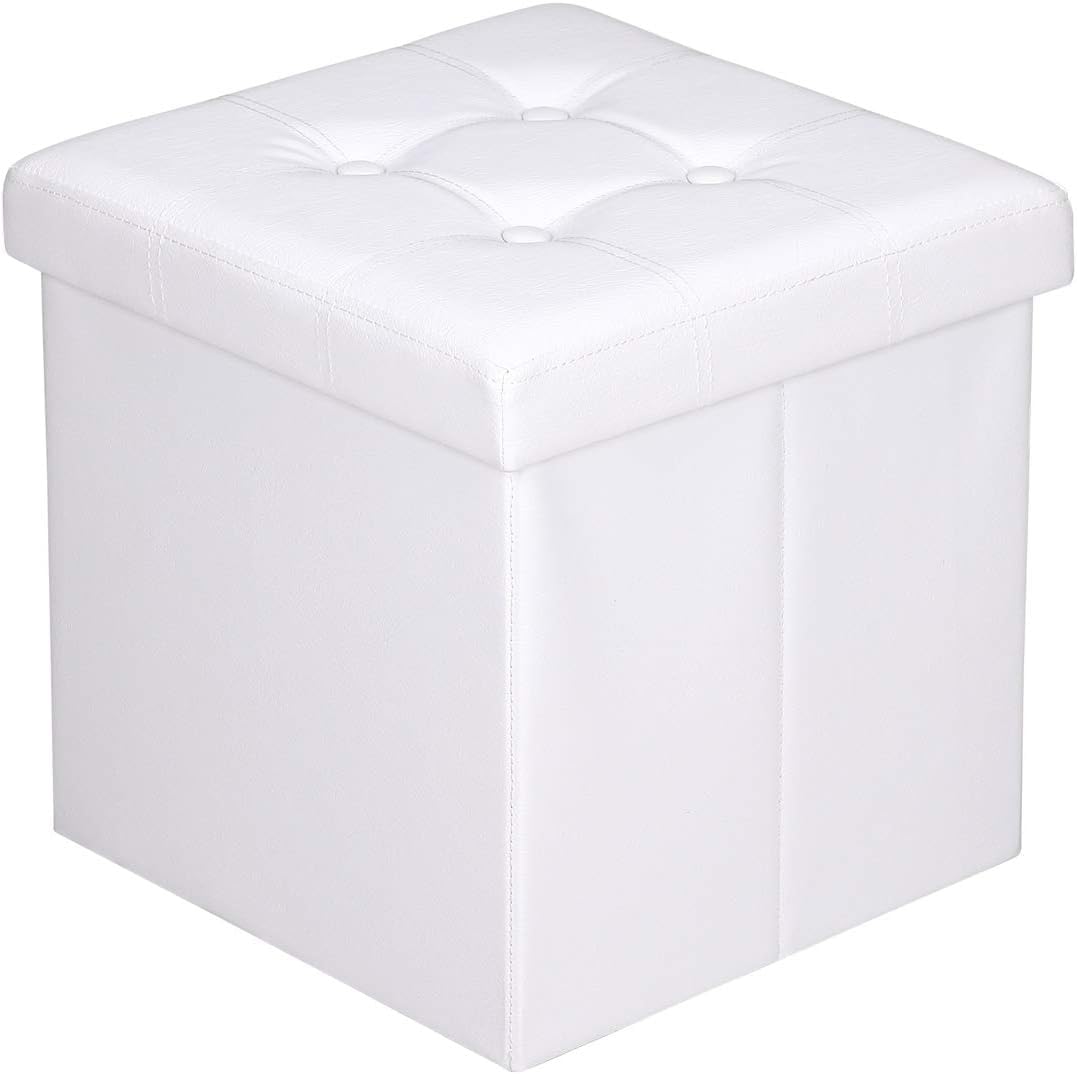 Coffre de rangement BOLLI blanc sous forme de pouf cube au couvercle rembourré