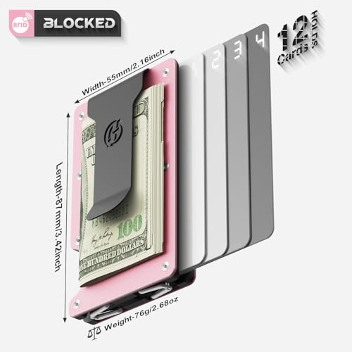 Minimalist for Women, Slim Card Holder with Removable Clip, RFID Blocking Aluminum Wallet, Compact Front Pocket Metal Wallet – Pink2