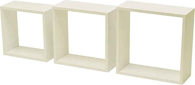 LoveTrends SET OF 3 FLOATING SHELVES - CREAM WOOD SHELVING CUBES FOR BOOKS, PHOTOS OR STORAGE