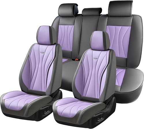 Image of Coverado Seat Covers Full Set, Leather Car Seat Covers, Waterproof Seat Covers for Cars, Front and Back Seat Covers, Car Seat Protectors Car Seat Cushions Universal Fit for Most Cars, Gray&Purple