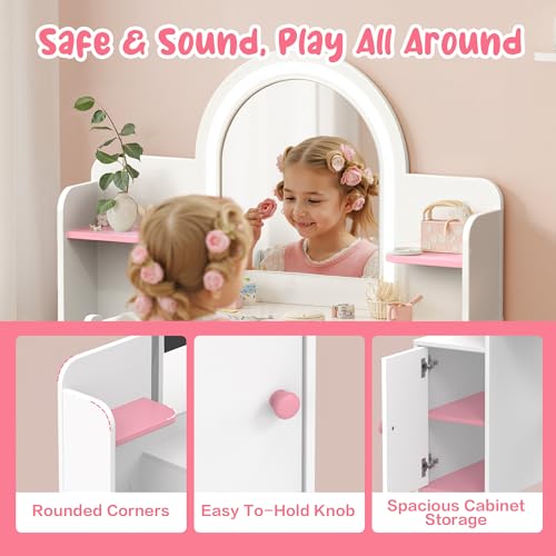 Image of Kids Vanity with LED Mirror and Chair, Girls Vanity Set with Storage Cabinet and Shelves, Toddler Vanity Table and Chair Set for Bedroom Playroom, Pink and White Girl Vanity for Ages 3-8