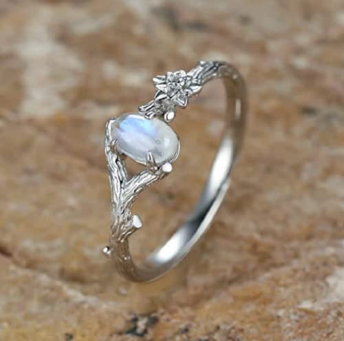 HUKQBUNX 925 Sterling Silver Natural Moonstone Ring Feminine Branch Flower Lady Shiny Wedding Engagement Ring Birthday Party Ring Size 6-10 (Size 8)3