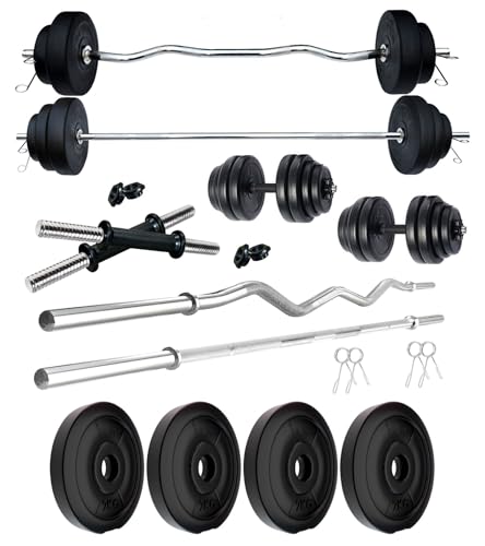 Image of Kore PVC 8 Kg Home Gym Set with One 3 Ft Plain + One 3 Ft Curl Rod and One Pair Dumbbell Rods, Multicolour