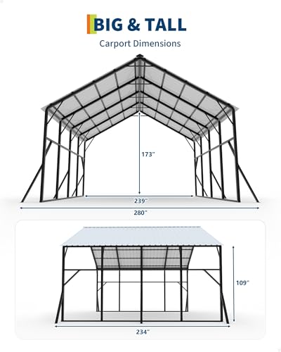 Image of Garvee 20x20x14 ft Metal Carport Kit, Vertical Roof Car Port for 2 Cars | 120 Steep-Pitch Roof for Snow Shedding / 173 inch High-Clearance RV & Tractor Shelter / Heavy-Duty Reinforced Frame