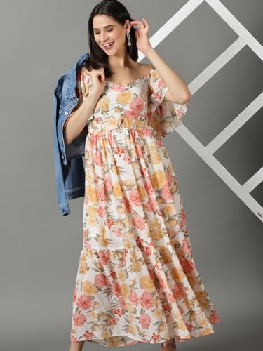 Image of SHOWOFFFF Women Printed Fit and Flare Casual Dress | V Neck Half Sleeves Chiffon Dress for Womens | Maxi Dress for Women's