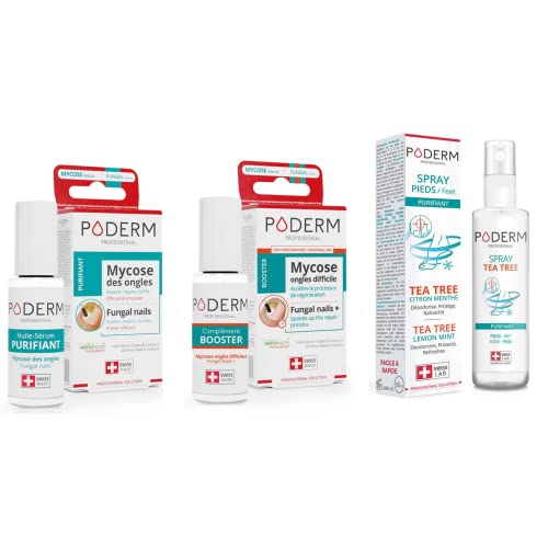 PODERM - LOT 3 PRODUITS | Best Sellers | MYCOSE ONGLE TRAITEMENT + COMPLEMENT BOOSTER + SPRAY Purifiant Anti-Odeur & Anti-transpirant pieds - Soin professionnel pied/main |Facile & rapide |Swiss Made